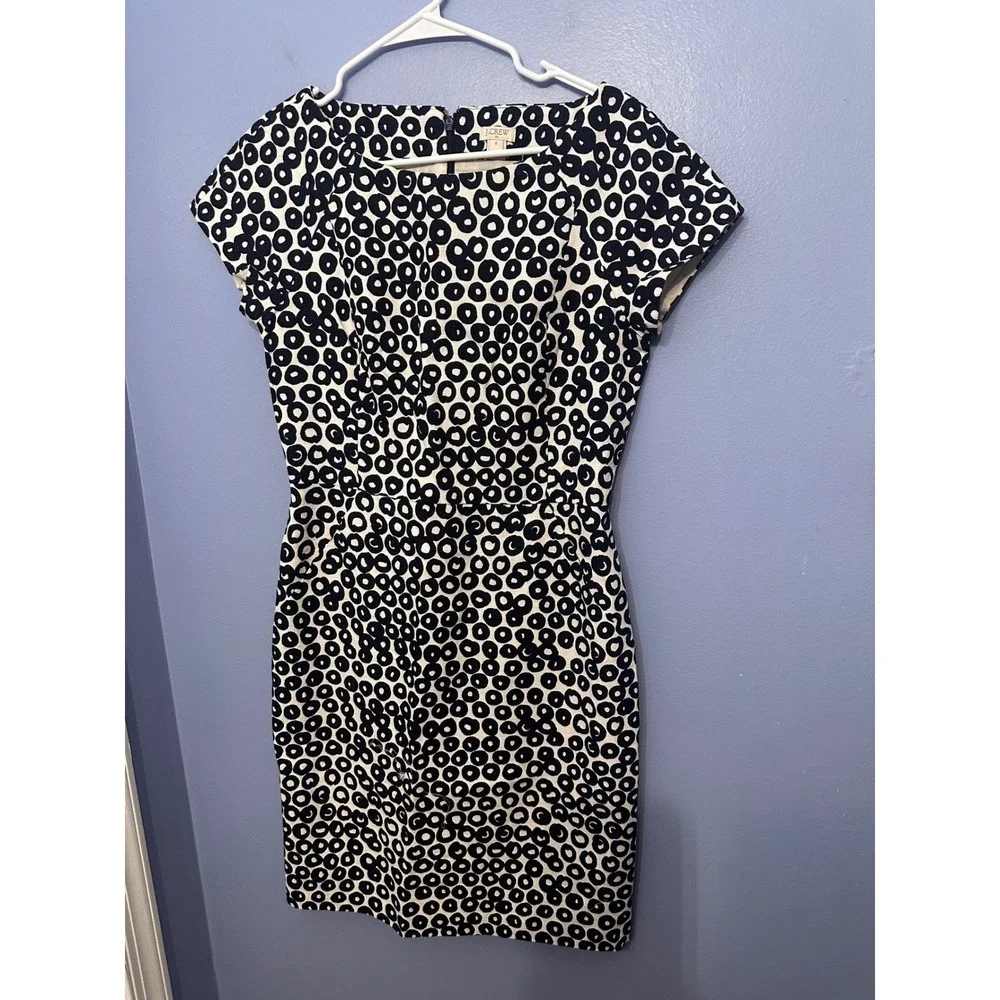 J.Crew Navy Ivory Basketweave Cotton Circle Print Cap Sleeve Dress Size 6 - Picture 2 of 6